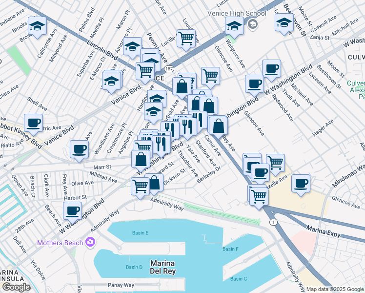 map of restaurants, bars, coffee shops, grocery stores, and more near 2921 Thatcher Avenue in Marina del Rey