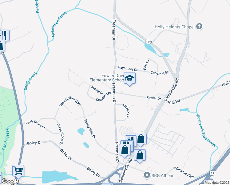 map of restaurants, bars, coffee shops, grocery stores, and more near 400 Fowler Drive in Athens