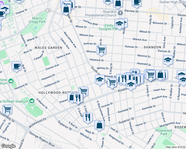 map of restaurants, bars, coffee shops, grocery stores, and more near 2131 Kiawah Avenue in Columbia