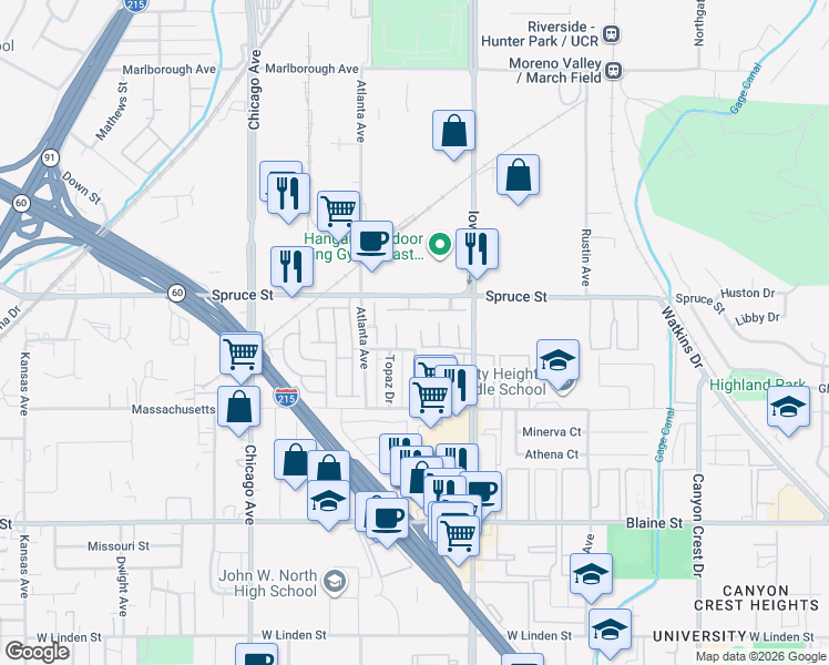 map of restaurants, bars, coffee shops, grocery stores, and more near 2621 Turquoise Street in Riverside