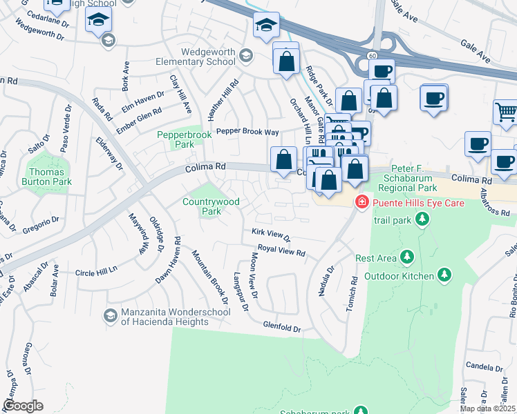 map of restaurants, bars, coffee shops, grocery stores, and more near 16965 Colchester Way in Hacienda Heights