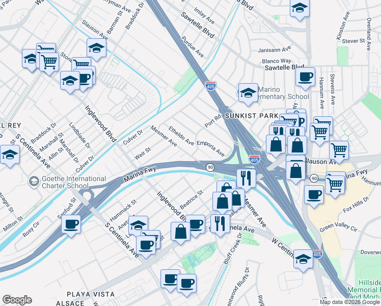 map of restaurants, bars, coffee shops, grocery stores, and more near 11807 Hammack Street in Culver City