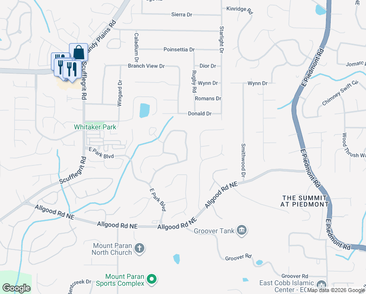 map of restaurants, bars, coffee shops, grocery stores, and more near 1605 Tappahannock Trail in Marietta