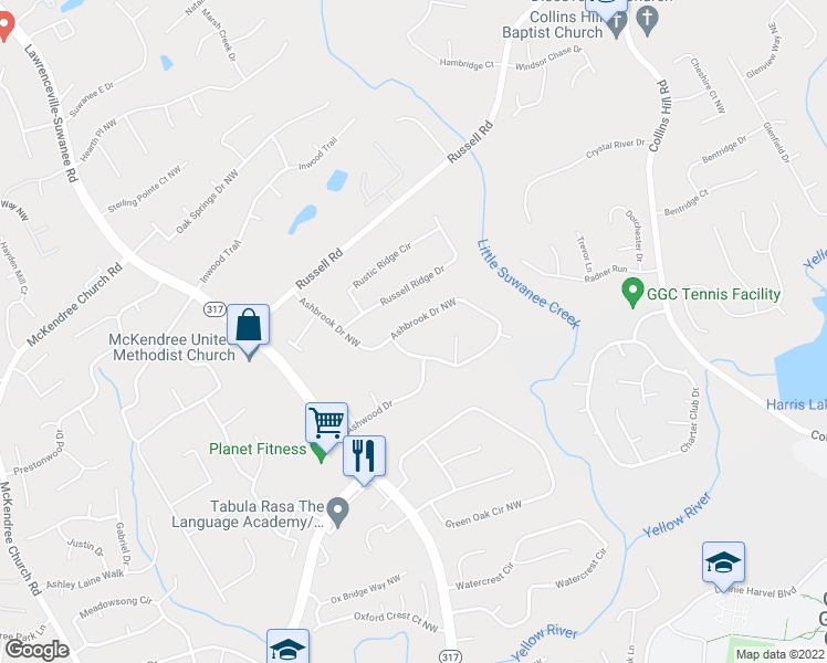 map of restaurants, bars, coffee shops, grocery stores, and more near 1410 Ashbrook Drive Northwest in Lawrenceville