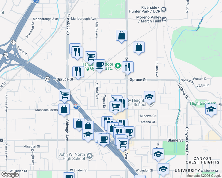 map of restaurants, bars, coffee shops, grocery stores, and more near 2537 Occidental Circle in Riverside