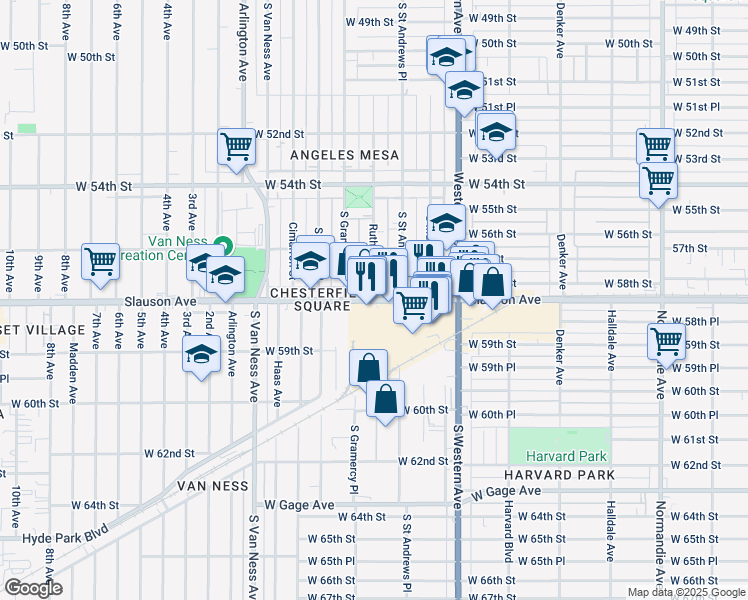 map of restaurants, bars, coffee shops, grocery stores, and more near West Slauson Avenue & Ruthelen Street in Los Angeles