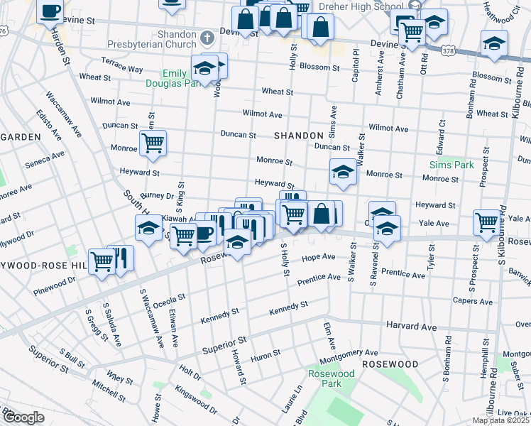 map of restaurants, bars, coffee shops, grocery stores, and more near 225 Sloan Street in Columbia