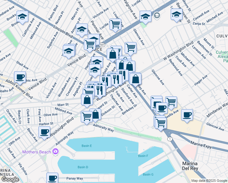 map of restaurants, bars, coffee shops, grocery stores, and more near 2921 Thatcher Avenue in Marina del Rey