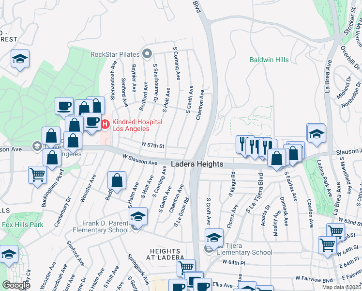 map of restaurants, bars, coffee shops, grocery stores, and more near 5644 South Garth Avenue in Los Angeles
