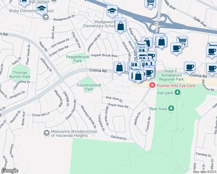 map of restaurants, bars, coffee shops, grocery stores, and more near 16967 Colchester Way in Hacienda Heights