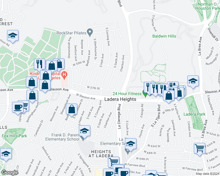 map of restaurants, bars, coffee shops, grocery stores, and more near 5644 South Garth Avenue in Los Angeles