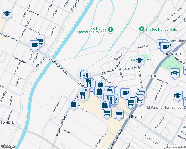 map of restaurants, bars, coffee shops, grocery stores, and more near 8324 Advent Avenue in Pico Rivera