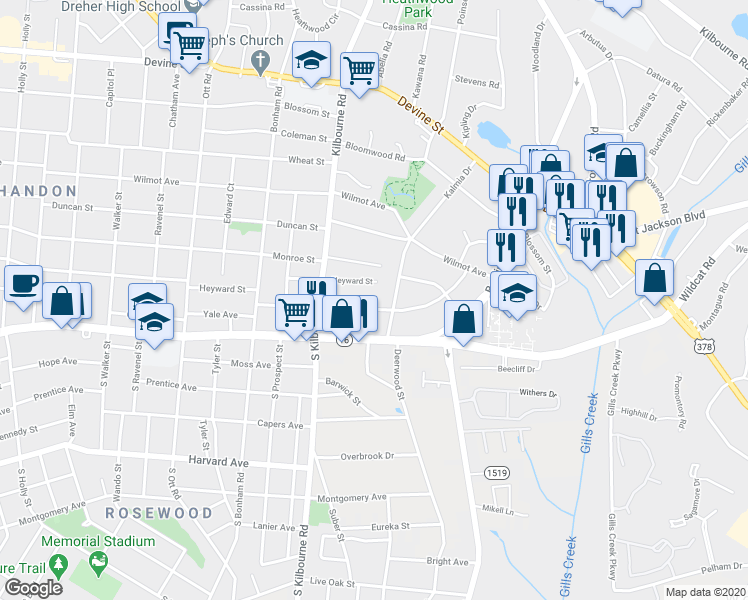 map of restaurants, bars, coffee shops, grocery stores, and more near 3921 Yale Avenue in Columbia