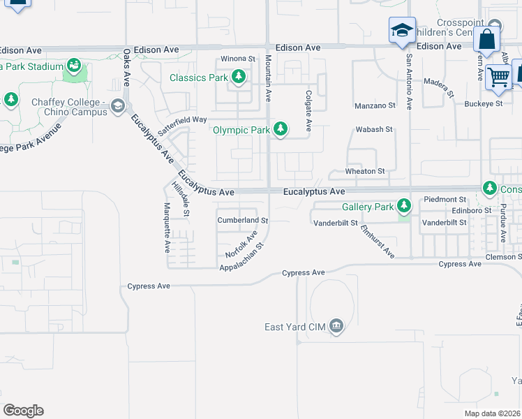 map of restaurants, bars, coffee shops, grocery stores, and more near 14559 Norfolk Avenue in Chino