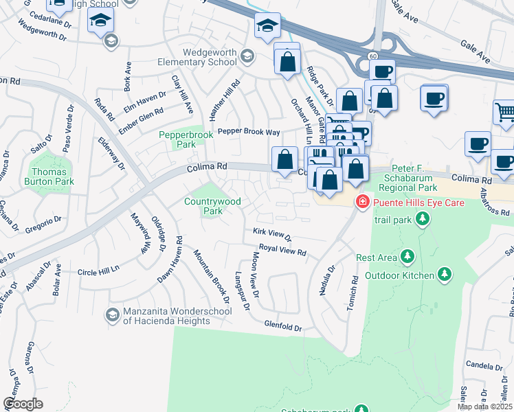 map of restaurants, bars, coffee shops, grocery stores, and more near 16928 Colchester Way in Hacienda Heights