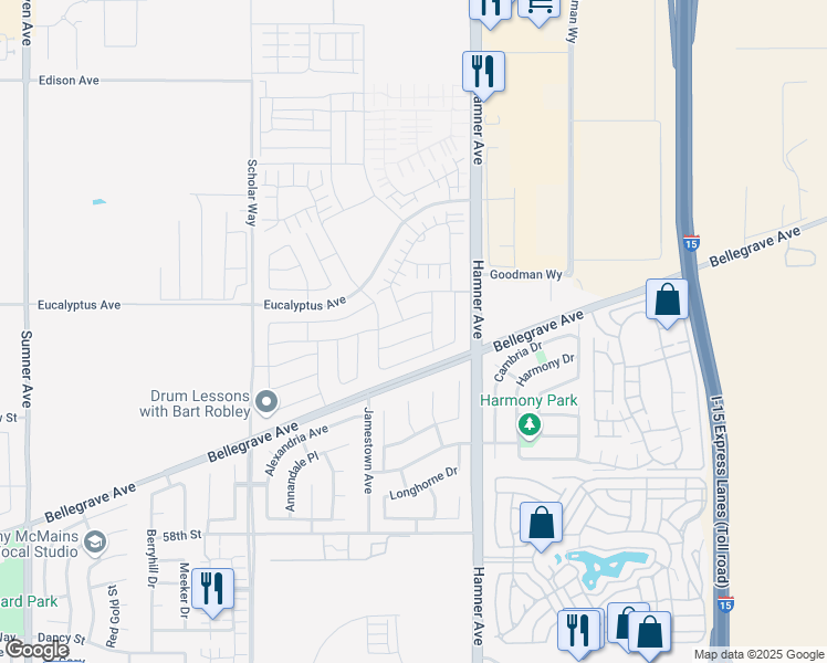 map of restaurants, bars, coffee shops, grocery stores, and more near 4165 East Salida Privado in Ontario