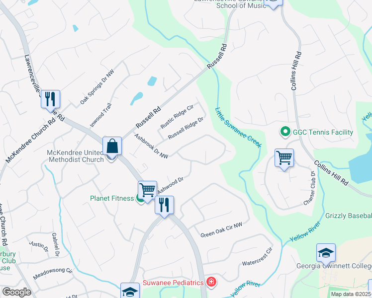 map of restaurants, bars, coffee shops, grocery stores, and more near 1170 Ashbrook Drive Northwest in Lawrenceville