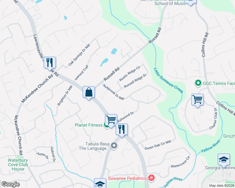 map of restaurants, bars, coffee shops, grocery stores, and more near 1480 Ashbrook Drive Northwest in Lawrenceville
