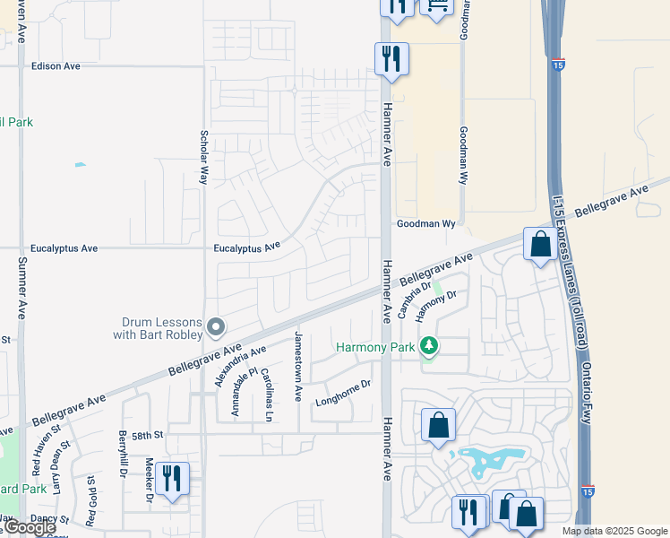map of restaurants, bars, coffee shops, grocery stores, and more near 4165 East Salida Privado in Ontario