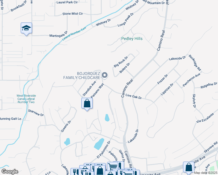 map of restaurants, bars, coffee shops, grocery stores, and more near 7340 Live Oak Drive in Riverside