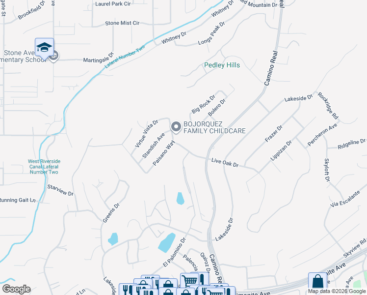map of restaurants, bars, coffee shops, grocery stores, and more near 7880 Paisano Way in Riverside