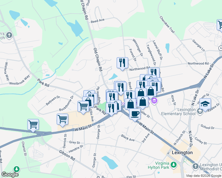 map of restaurants, bars, coffee shops, grocery stores, and more near 116 Old Chapin Road in Lexington