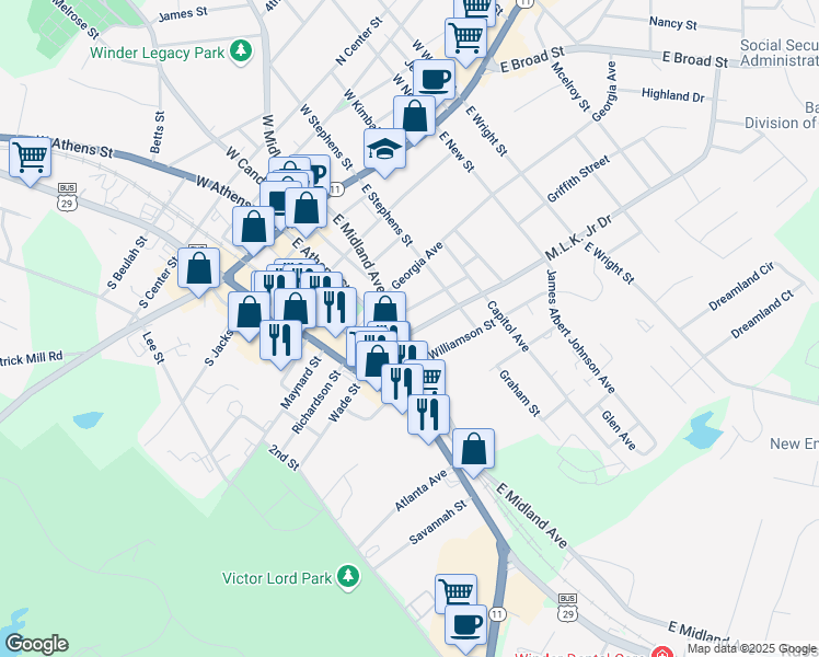 map of restaurants, bars, coffee shops, grocery stores, and more near 237 East Athens Street in Winder