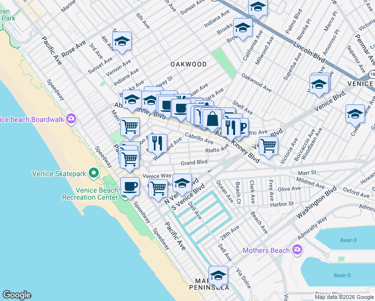 map of restaurants, bars, coffee shops, grocery stores, and more near 505 Grand Boulevard in Los Angeles