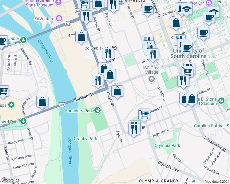 map of restaurants, bars, coffee shops, grocery stores, and more near 500 Huger Street in Columbia