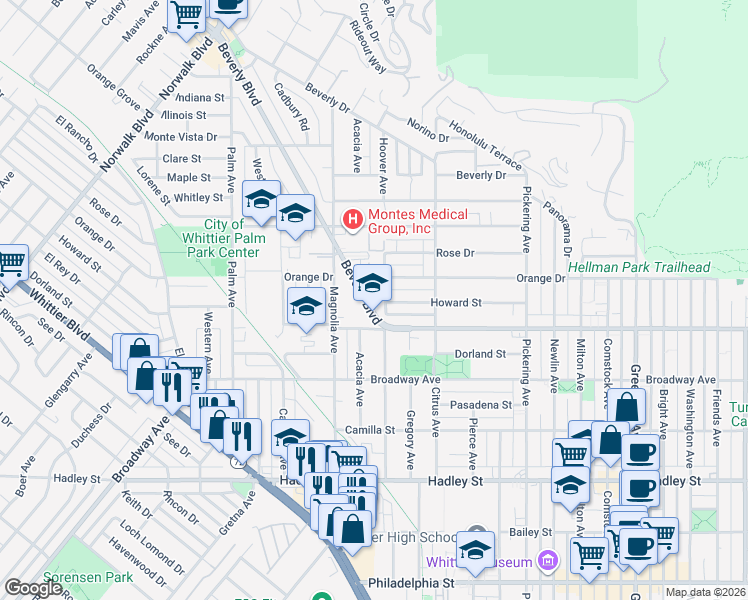 map of restaurants, bars, coffee shops, grocery stores, and more near 12031 Beverly Boulevard in Whittier