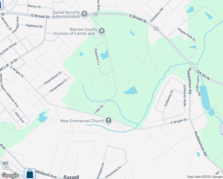 map of restaurants, bars, coffee shops, grocery stores, and more near 153 Pinkston Court in Winder