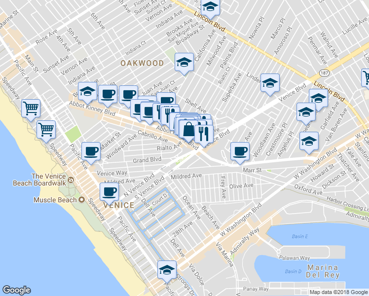 map of restaurants, bars, coffee shops, grocery stores, and more near 1613 Cabrillo Avenue in Los Angeles