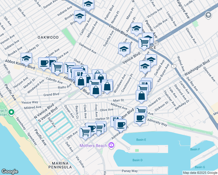 map of restaurants, bars, coffee shops, grocery stores, and more near in Los Angeles