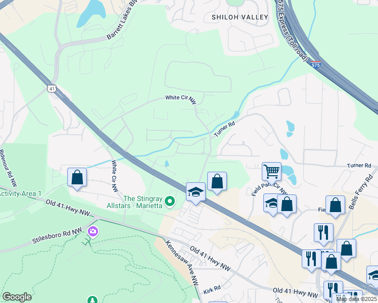 map of restaurants, bars, coffee shops, grocery stores, and more near 424 Cherry Tree Lane Northeast in Marietta