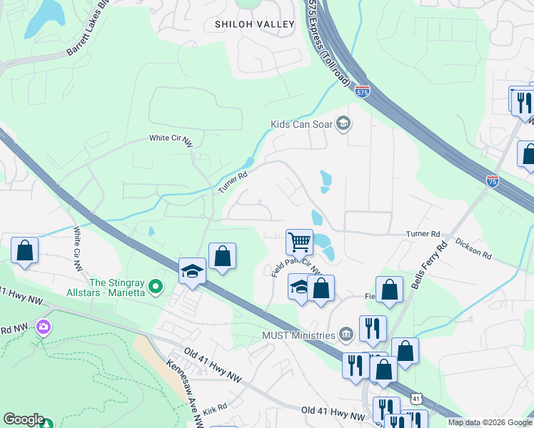 map of restaurants, bars, coffee shops, grocery stores, and more near 471 Briarfield Crossing Northwest in Marietta