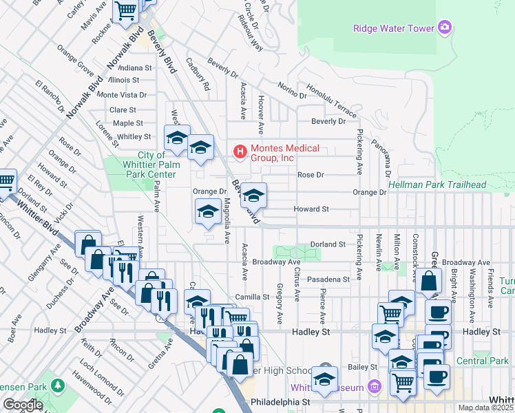 map of restaurants, bars, coffee shops, grocery stores, and more near 12035 Beverly Boulevard in Whittier