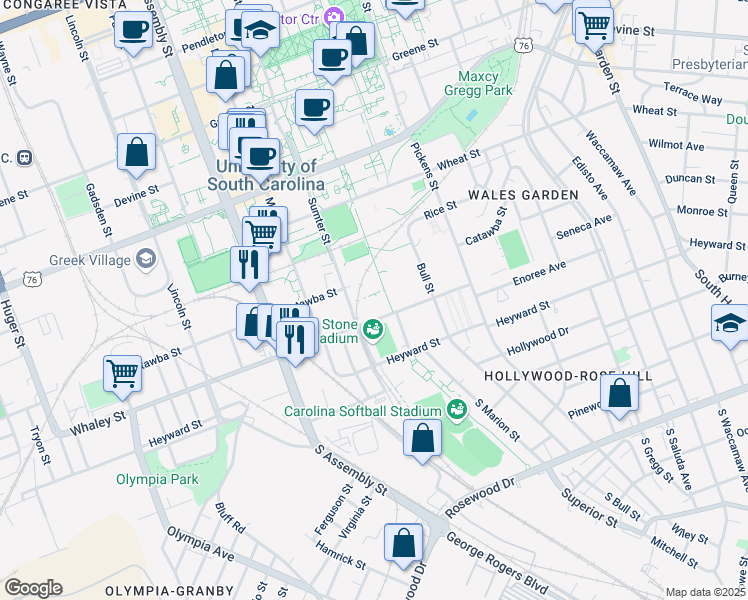 map of restaurants, bars, coffee shops, grocery stores, and more near 1321 Whaley Street in Columbia