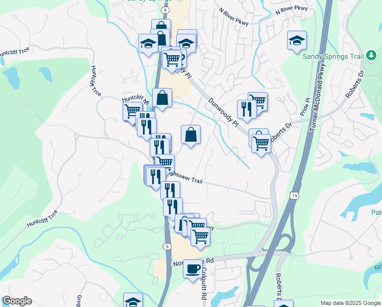 map of restaurants, bars, coffee shops, grocery stores, and more near 8555 Hope Mews Court in Sandy Springs