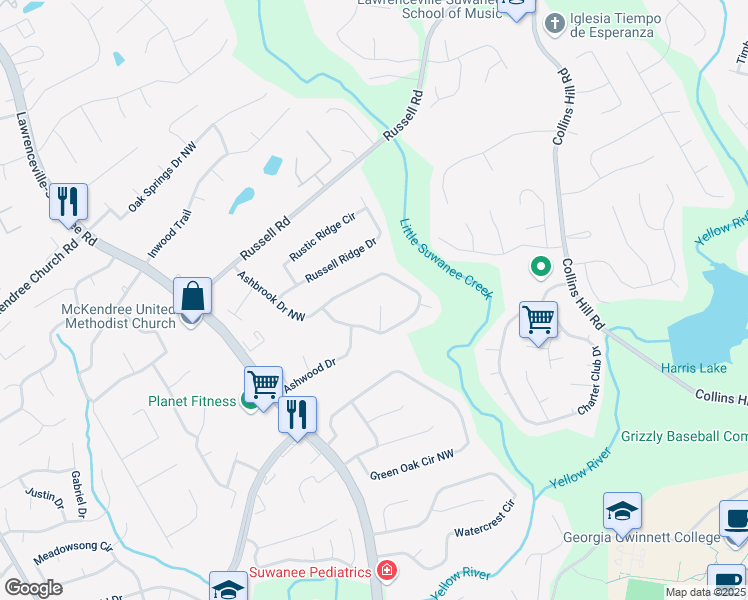 map of restaurants, bars, coffee shops, grocery stores, and more near 1170 Ashbrook Drive Northwest in Lawrenceville