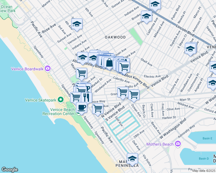 map of restaurants, bars, coffee shops, grocery stores, and more near 419 Rialto Avenue in Los Angeles