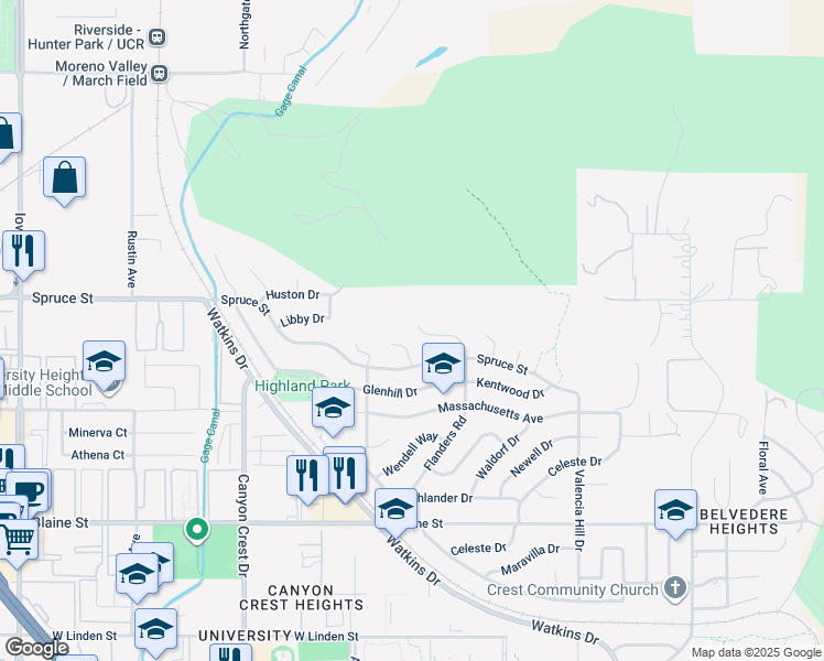 map of restaurants, bars, coffee shops, grocery stores, and more near 553 Spruce Street in Riverside
