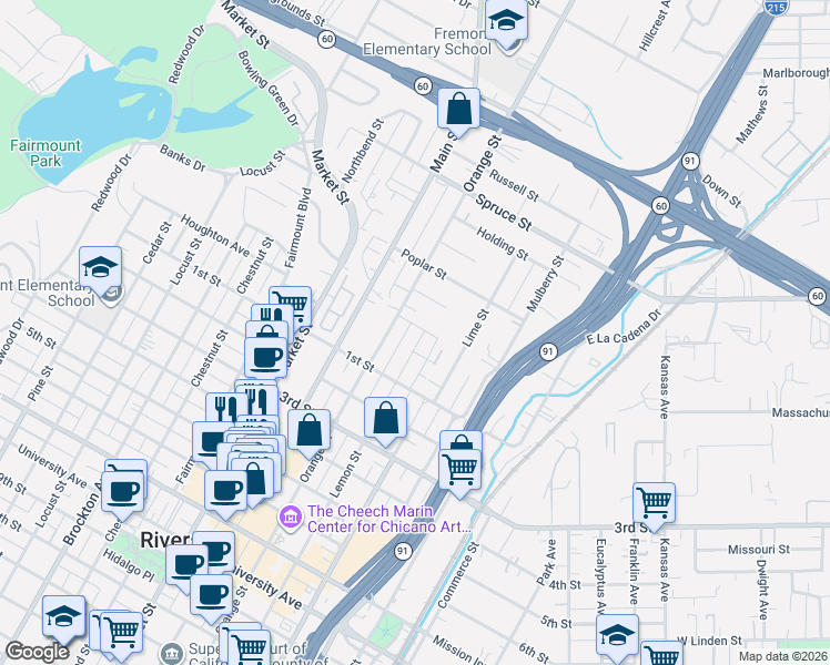 map of restaurants, bars, coffee shops, grocery stores, and more near 3021 Lemon Street in Riverside