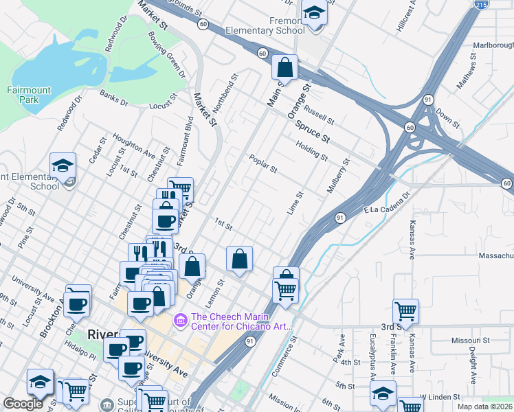 map of restaurants, bars, coffee shops, grocery stores, and more near 3021 Lemon Street in Riverside