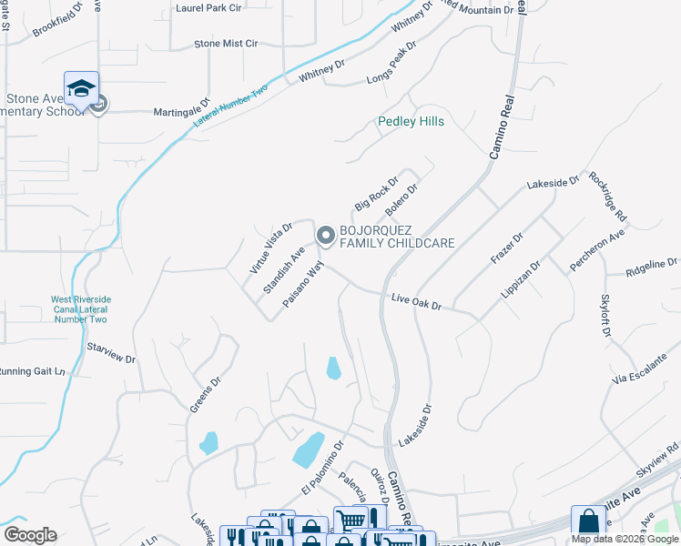 map of restaurants, bars, coffee shops, grocery stores, and more near 7880 Paisano Way in Riverside