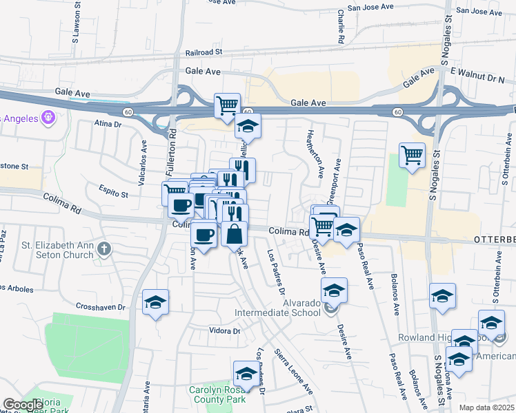 map of restaurants, bars, coffee shops, grocery stores, and more near 18531 Colima Road in La Puente