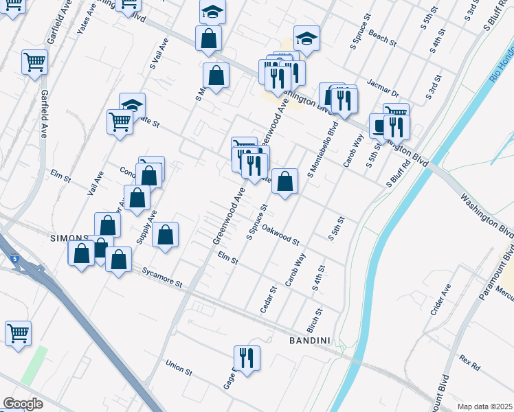 map of restaurants, bars, coffee shops, grocery stores, and more near 909 Oakwood Street in Montebello