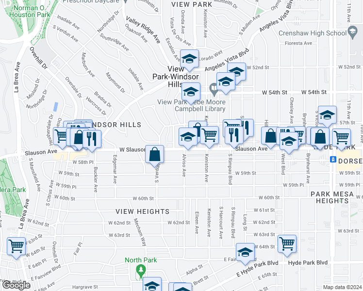 map of restaurants, bars, coffee shops, grocery stores, and more near 3956 West Slauson Avenue in Los Angeles