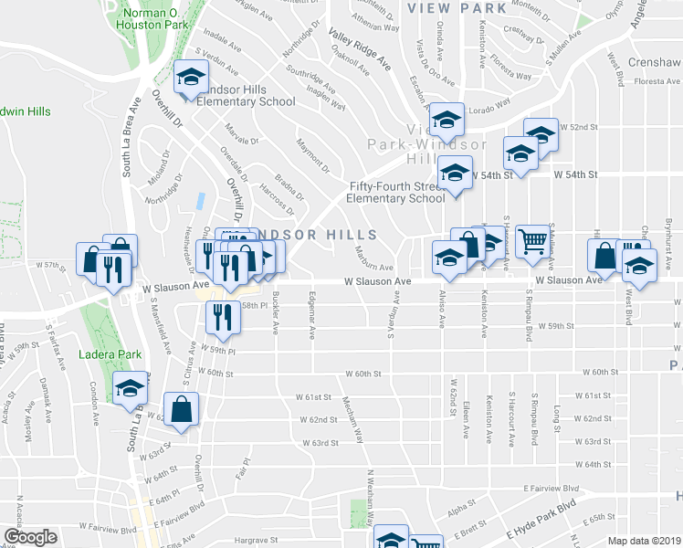 map of restaurants, bars, coffee shops, grocery stores, and more near 4202 West Slauson Avenue in Los Angeles