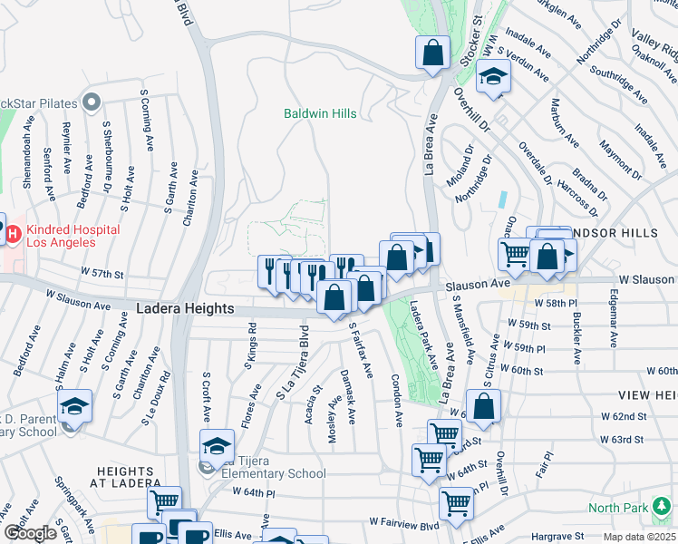 map of restaurants, bars, coffee shops, grocery stores, and more near 5743 South Fairfax Avenue in Los Angeles