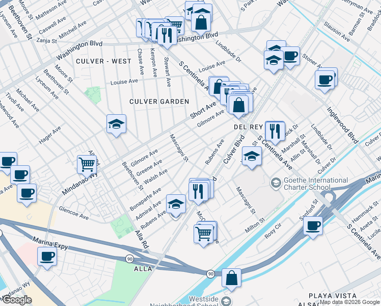 map of restaurants, bars, coffee shops, grocery stores, and more near 12610 Walsh Avenue in Los Angeles